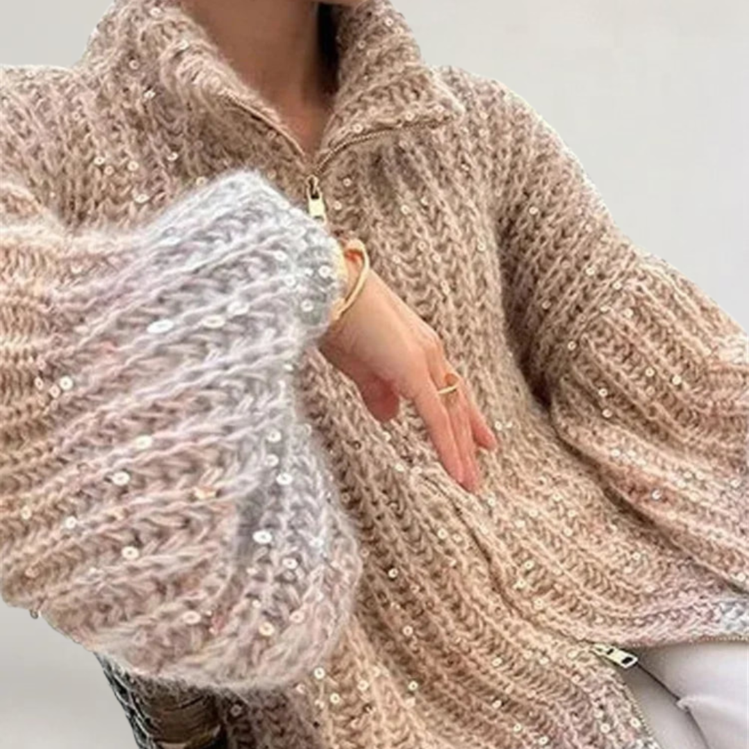 ELENA | MAGLIONE IN MAGLIA LEGGERA CON SCOLLO A V E DETTAGLI DI PAILLETTES