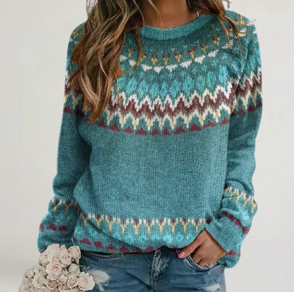 ADRIANA | MAGLIONE IN LANA TURCHESE CON DECORI GEOMETRICI