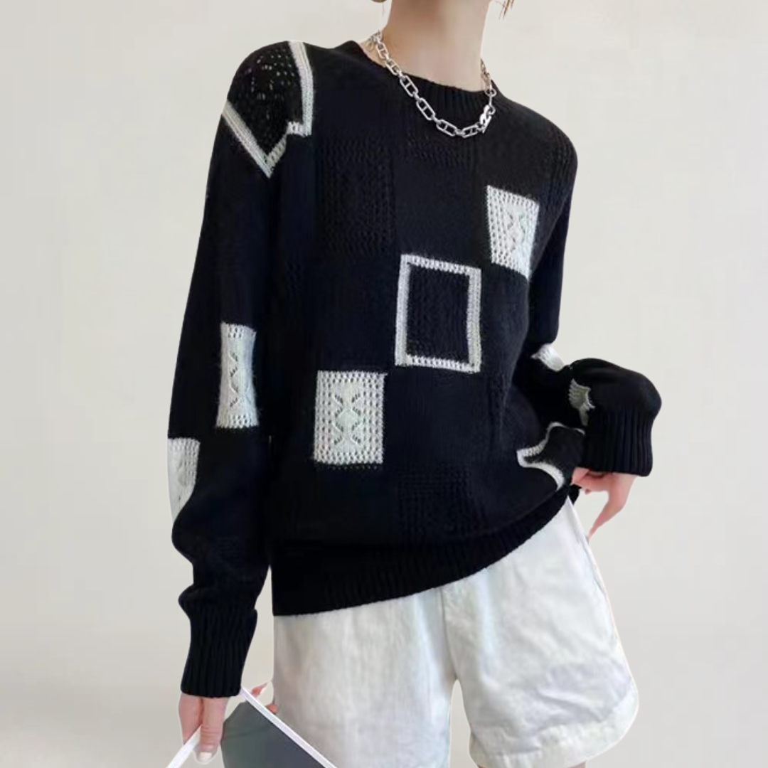 FRANCESCA | MAGLIA IN LANA MORBIDA CON MOTIVO GEOMETRICO A CONTRASTO